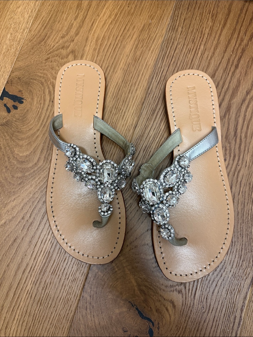 Mystique Boutique Silver Jeweled T-Strap Sandals - Women